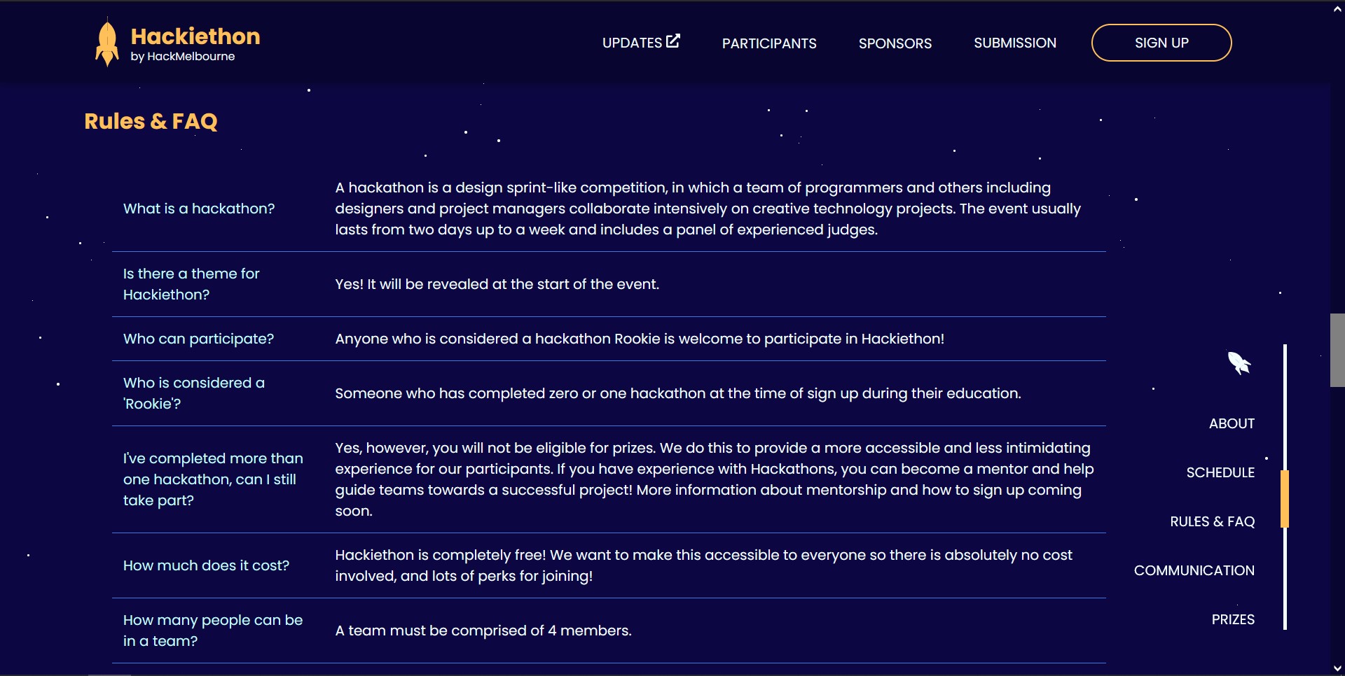 Screenshot of Hackiethon's FAQ page