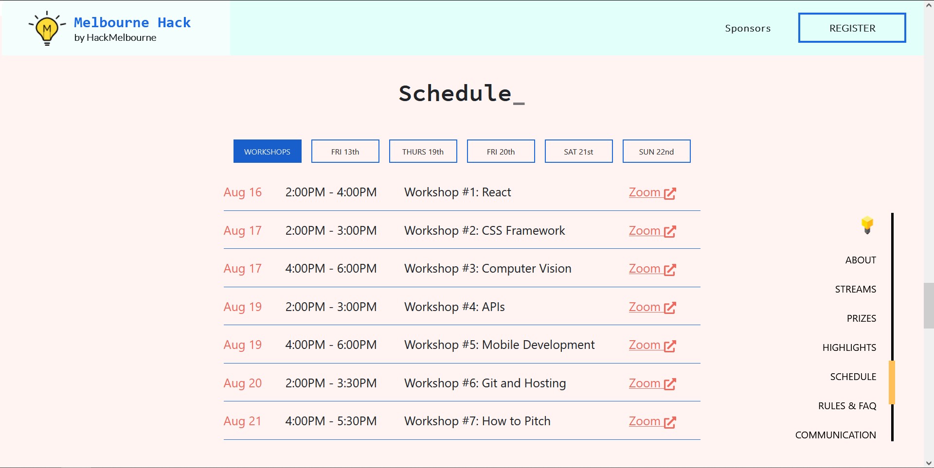 Screenshot of Melbourne Hack's schedule page