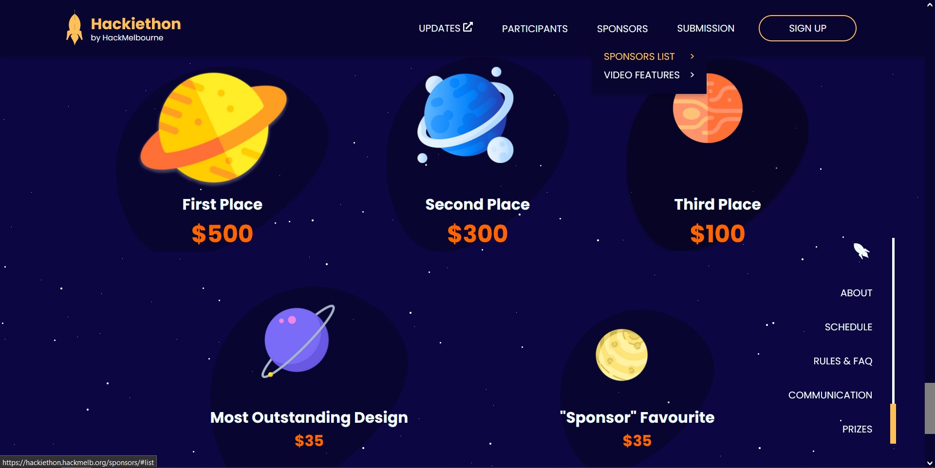 Screenshot of Hackiethon’s prizes page